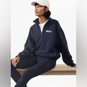 EUC ATHLETA Navy Blue POWER OF SHE 1/4 Zip  Sweatshirt Medium Plush Fleece Comfy